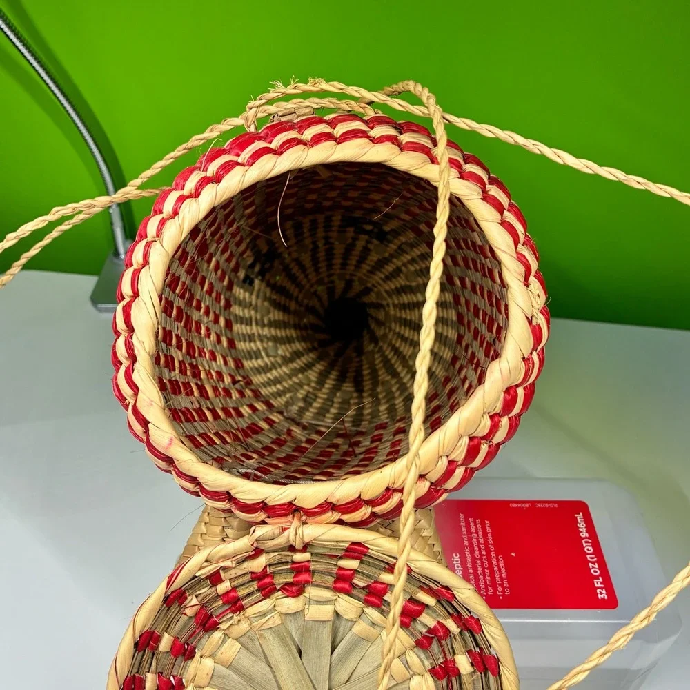 Vintage Hand Woven Straw Pig Basket Red Natural Animal Folk Art Storage with Lid